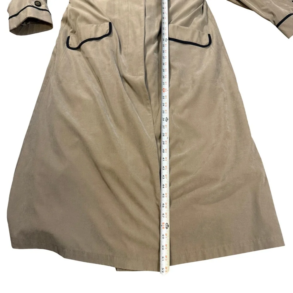 Vintage Tan Hooded Duster Coat Black‎ Piping Maxi Trench Dark Academia Size 10
